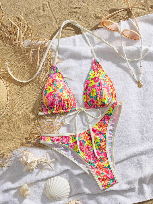 Pink Floral Print Micro Bikini Women Front Tie Push Up Bra Thong Swimsuit Beach Bathing Suit Vacation Swimwear Biquini