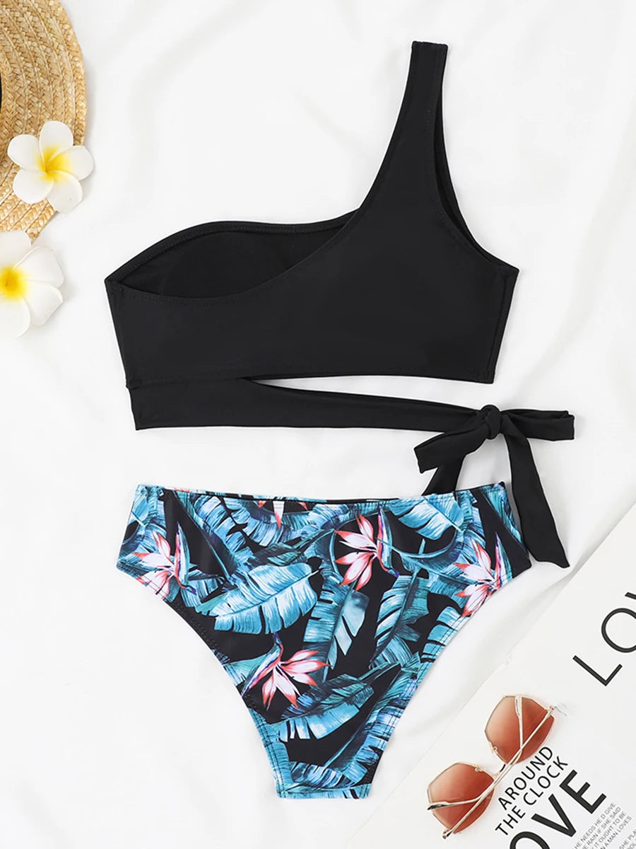 One Shoulder Bikini Set Swimsuit Women Solid Padded Swimwear Female Bathers Bathing Swimming Swim Suit Beachwear
