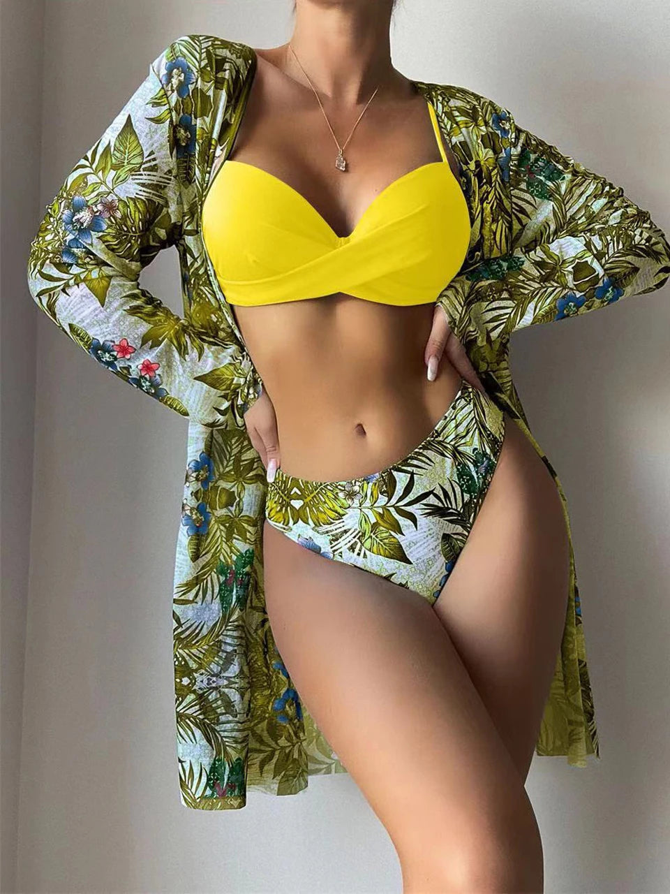 3 Pieces High Waist Bikini With Long Sleeve Kimono Swimsuit Women Print Swimwear Female Bathing Swimming Beach Suit Summer