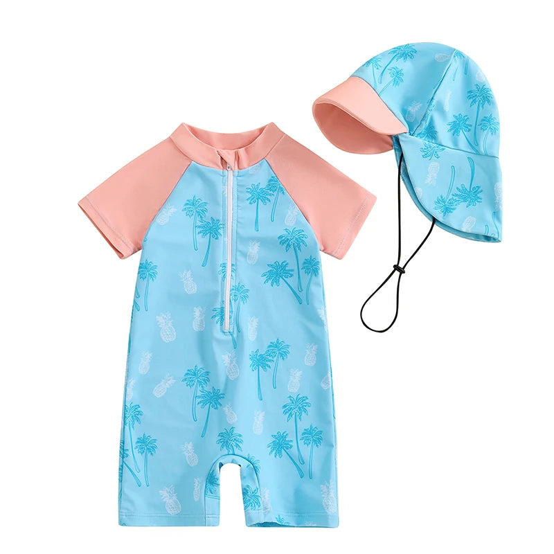 0-3Y Summer Baby Boys Beach Swimwear Casual Color Patchwork Shark/Tree Print Short Sleeve Zip Up Bathing Suit