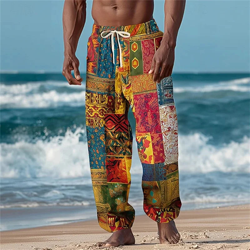 Men's Casual Patchwork Print Drawstring Straight-Leg Pants Relaxed Fit Hawaiian Vacation Trousers Comfortable And Breathable