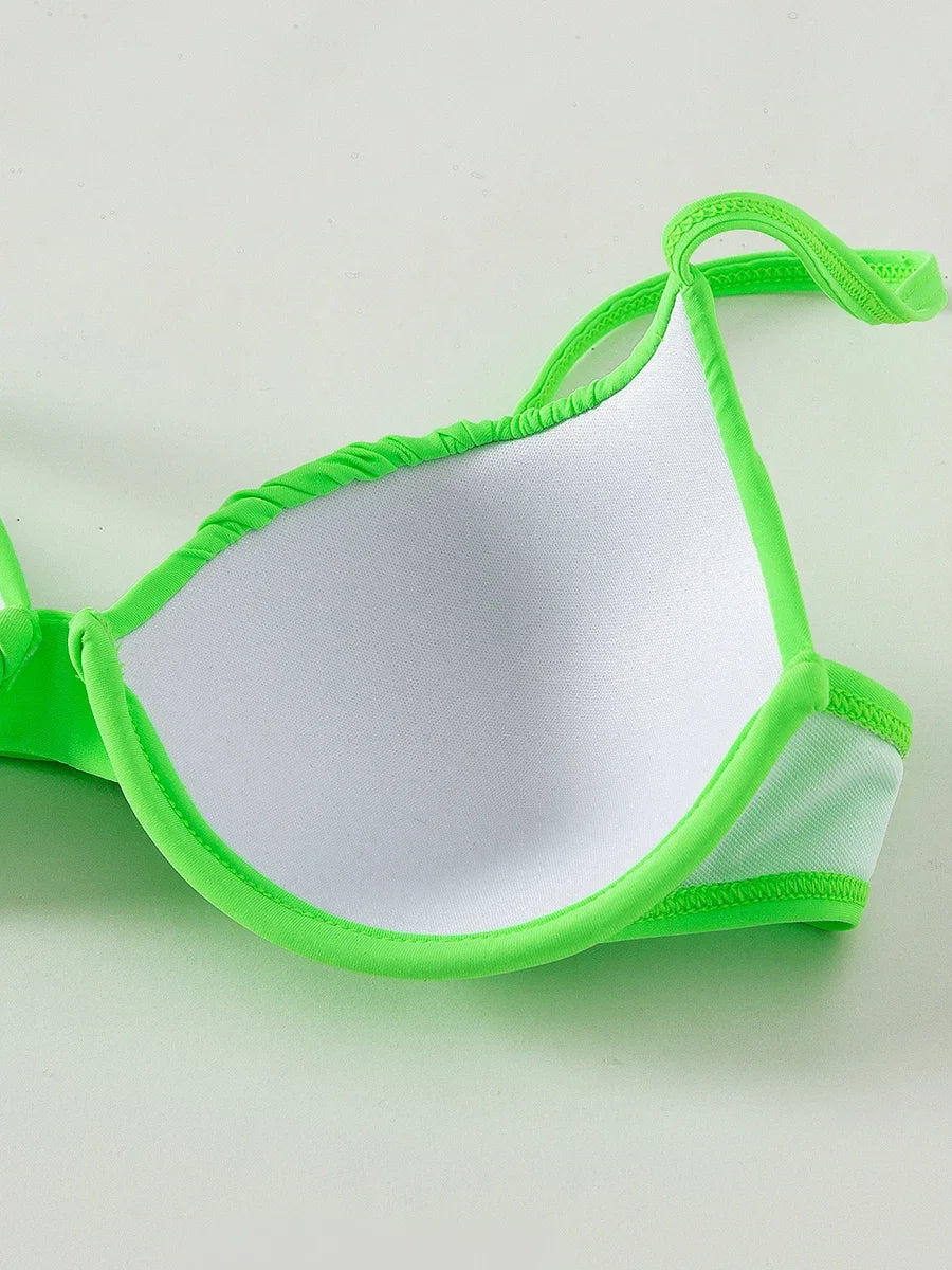 Neon Green Wrinkled Underwired Bra Cup Bikini Female Swimsuit Women Swimwear Two-pieces Bikini set Bather Bathing Suit Swim Lady
