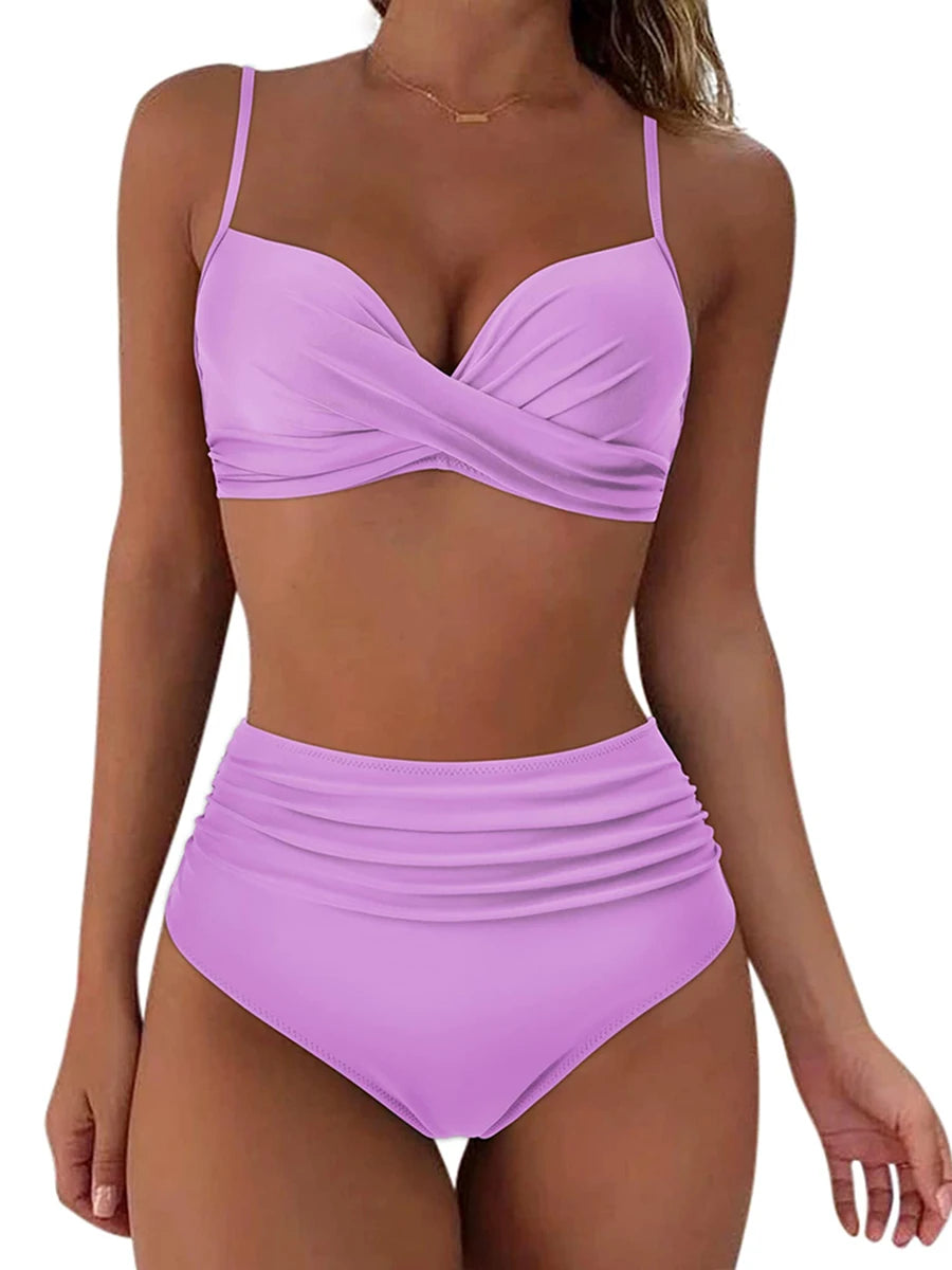 Cross Frill Bikinis Women Swimwear Print Sexy High Waist Swimsuit Female Beachwear Bathers Bathing Swimming Swim Suit