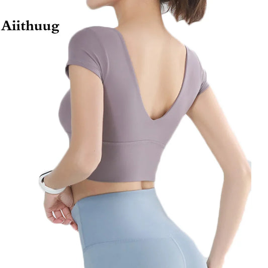 Built-in Cup Gym Crops U Neck Yoga Crop Top Grace Neck Line Bra Elastic Stretchy Fitness Crops Breathable Gym Top