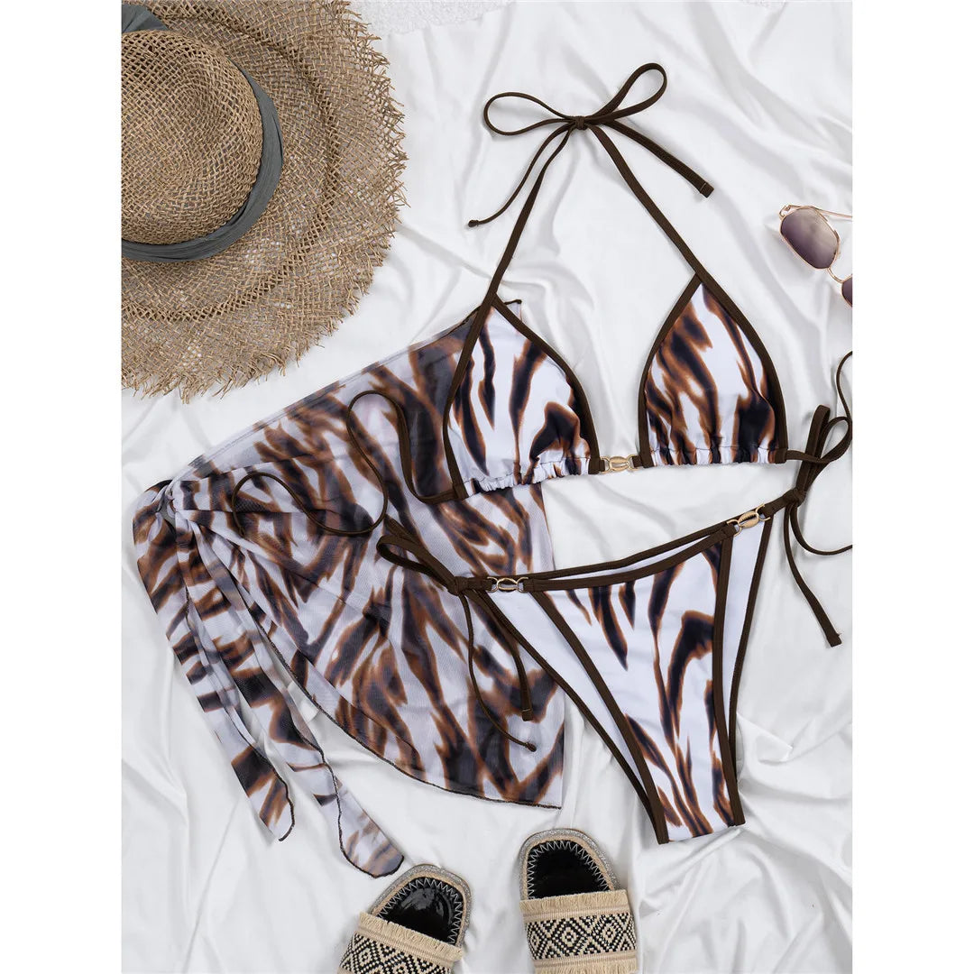 With Sarong Printed Halter Bikini Female Swimsuit Women Swimwear Three-pieces Bikini set Padded Bather Bathing Suit Swim