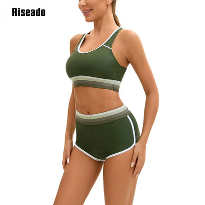 Women Color Block Athletic Two Piece Bathing Suits Sports Mid Waisted Swimsuits Girls Crop Top Tankini Sets