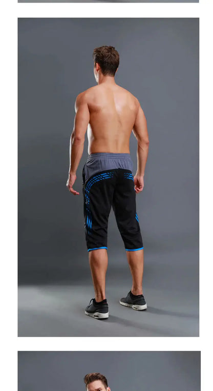 Summer Men Sports Striped Cropped Pants Fitness Running Riding Train Quick Drying Breathable Loose Thin Large Size Shorts