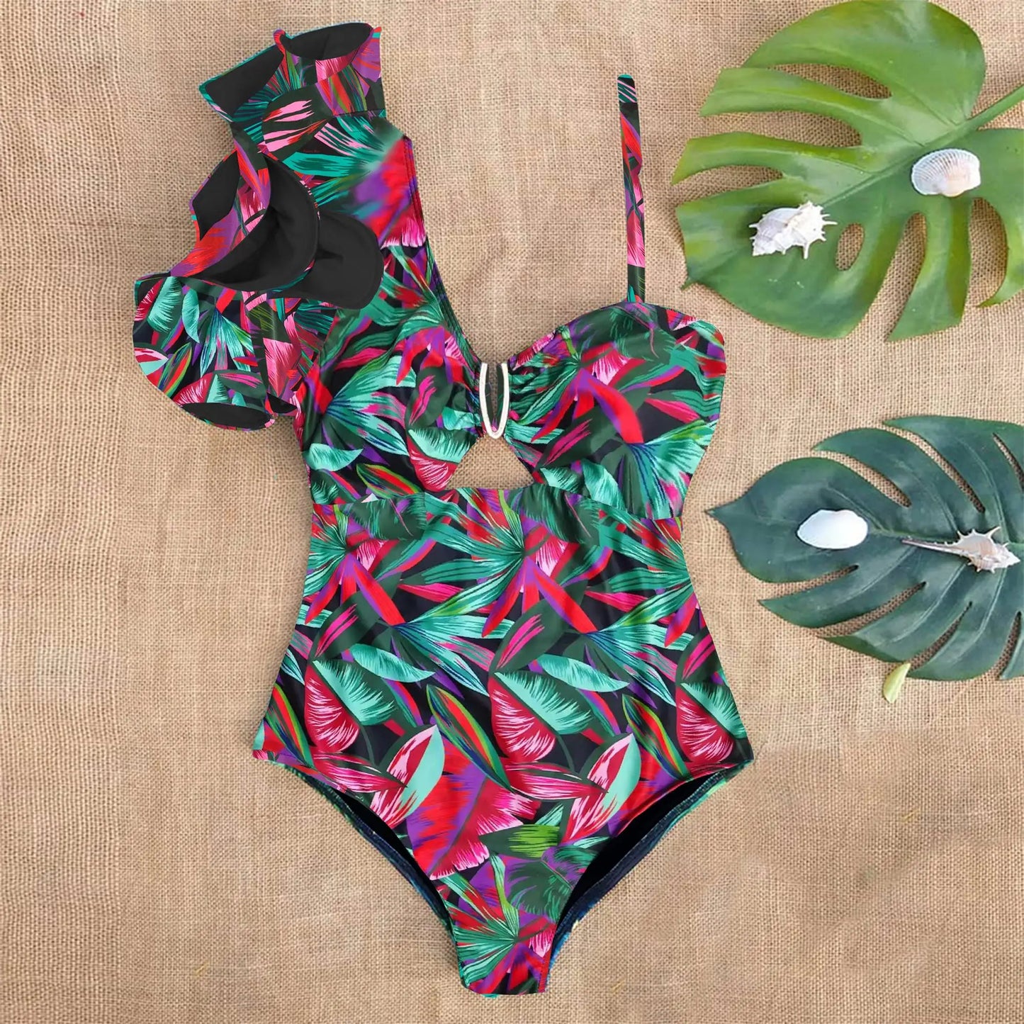 Ruffle Print Floral One Piece Strappy One shoulder Swimwear Women Swimsuit Bathing Suit Backless Beachwear Monkini