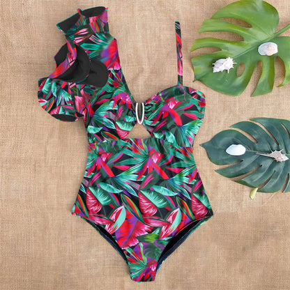 Ruffle Print Floral One Piece Strappy One shoulder Swimwear Women Swimsuit Bathing Suit Backless Beachwear Monkini