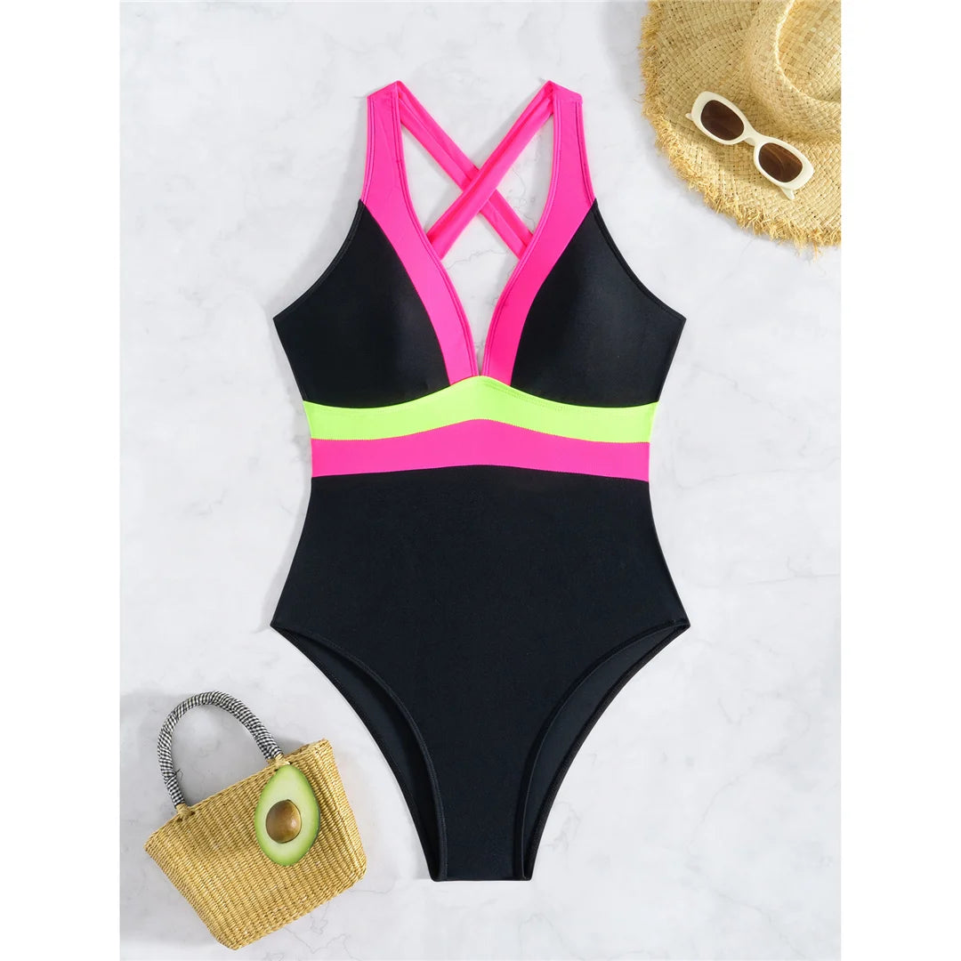 S - XL Splicing V Neck Cross Back Women Swimwear One Piece Swimsuit Female High Cut Leg Padded Bather Bathing Suit Swim