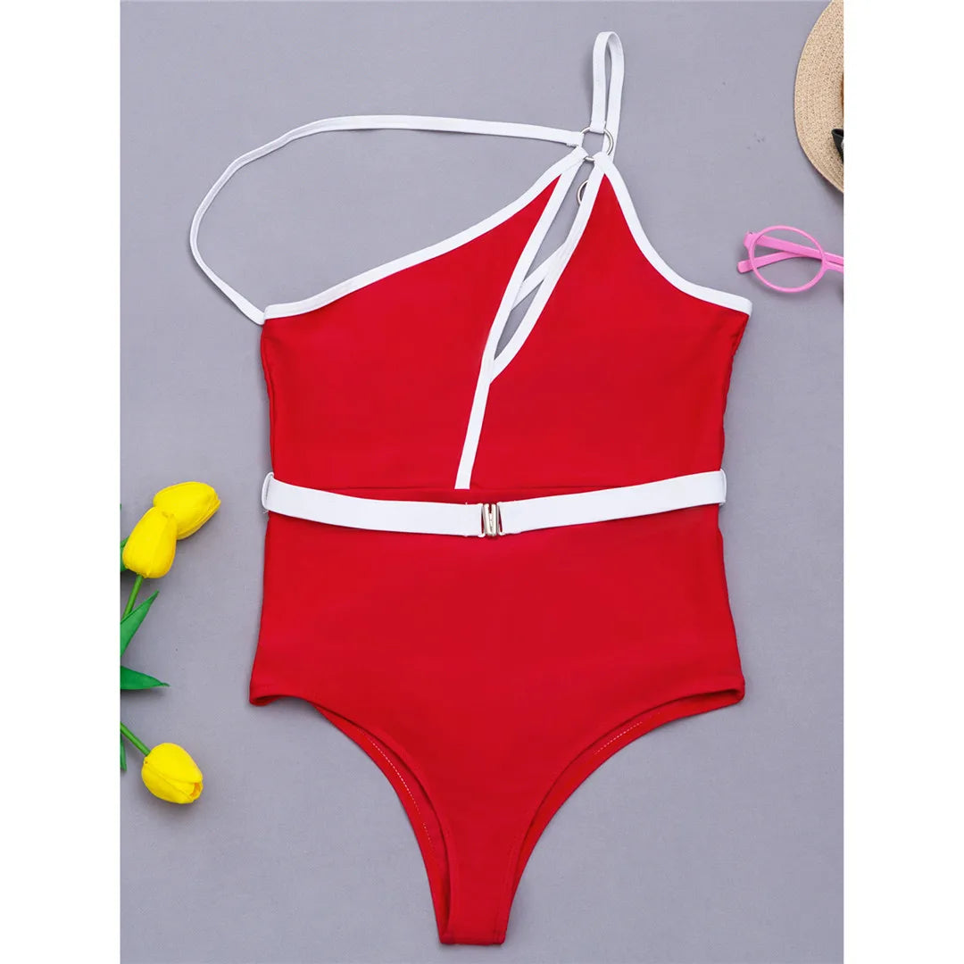 Splicing Asymmetric Backless Monokini Women Swimwear One Piece Swimsuit Female One Shoulder Bather Bathing Suit Swim