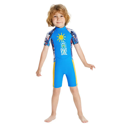 Children's Swimsuit Boys One-Piece Swimsuit Short-Sleeved Beach Sunscreen Professional Training Swimsuit