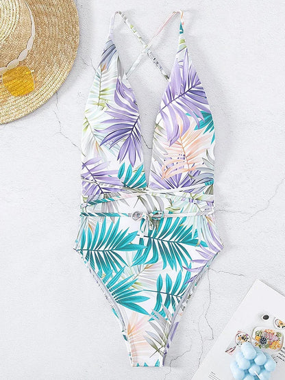 Color Print Deep V Swimwear Women Backless Cross Hollow Belt One Piece Swimsuit Monokini Summer Bathing Suit