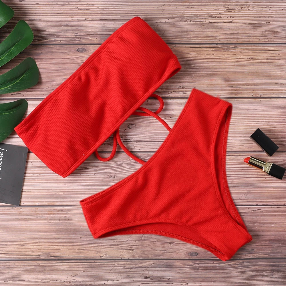 Bikini Women Swimwear High Waist Strapless Bikini Pure Color Women Swimsuit Padded Bathing Suit