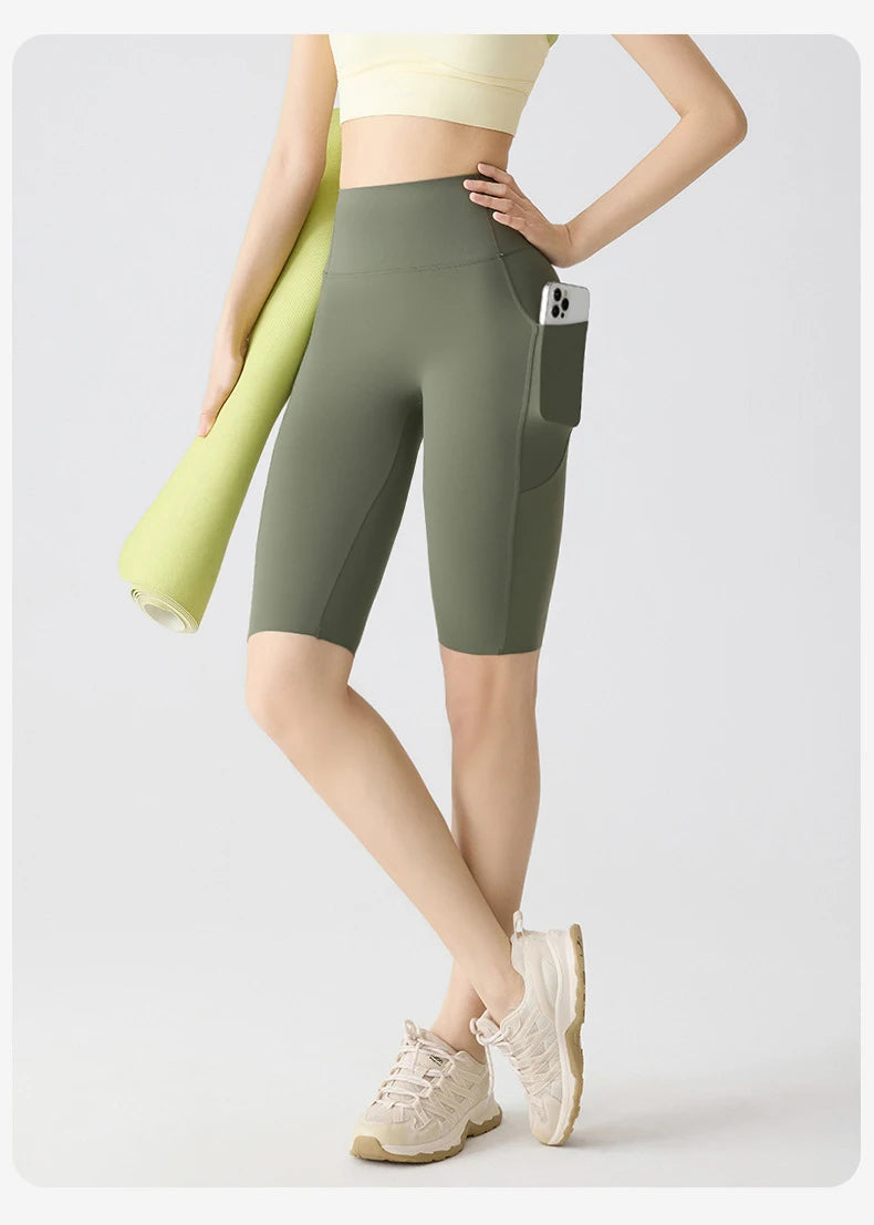 Pocket Yoga Sharkskin Bicycle Shorts Women Thin High Waist Push Up Light Feeling Sports  Fitness Cycling Shorts