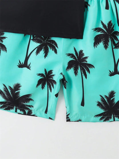 Boy Kids Swimsuit Solid Coconut Tree Print Children Swimwear Summer Two Piece Beach Shorts Beach Bathing Suit Swimming