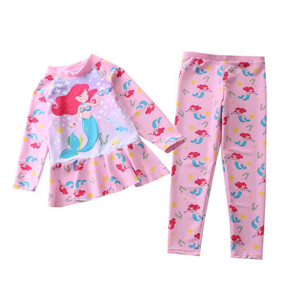 Swimsuit for Girls Long Sleeve Ruffles Girls Swimwear Cartoon Print Separate Bathing Suit Kids 2 Pcs Beach Surfing Swimming Wear