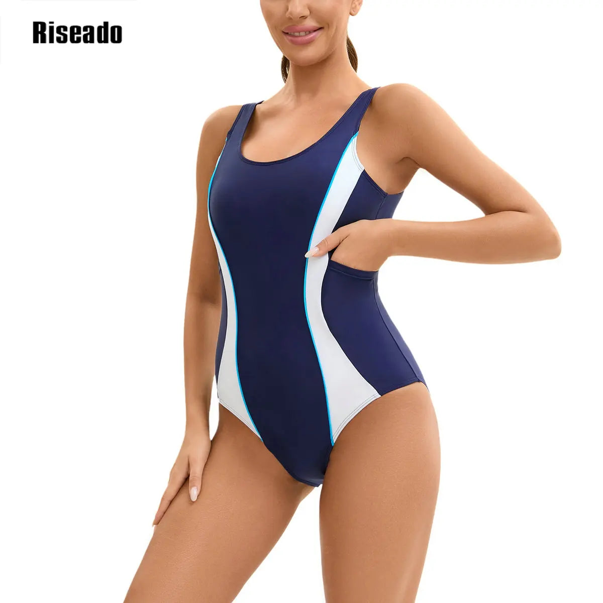 Riseado Modest Swimwear One Piece Sports Swimsuit with Pocket High Waist Racerback Athletic Bathing Suit