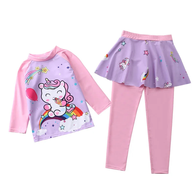 Unicorn Mermaid Kids Swimwear for Girls Long Sleeve Rash guard Pants Leggings Modest Children's Swimsuit Bathing Suit Beach Wear