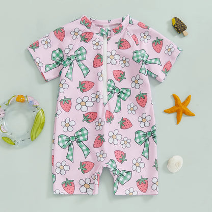 Summer Toddler Baby Girl Short Sleeve Swimwear Bathing Suit Infant Rash Guard Swimsuit Kids Cherry/Bow Print Zipper Beachwear