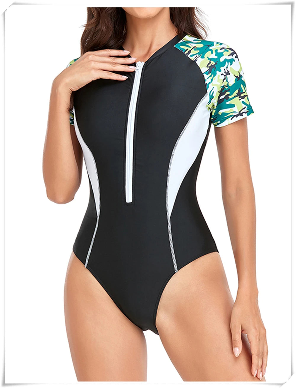 Short Sleeve Zipper One Piece Swimsuit Zebra Print Swimwear Women Diving Clothes Surfing Beachwear Bathing Swimming Suit