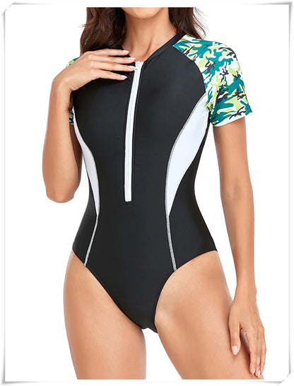 Short Sleeve Zipper One Piece Swimsuit Zebra Print Swimwear Women Diving Clothes Surfing Beachwear Bathing Swimming Suit