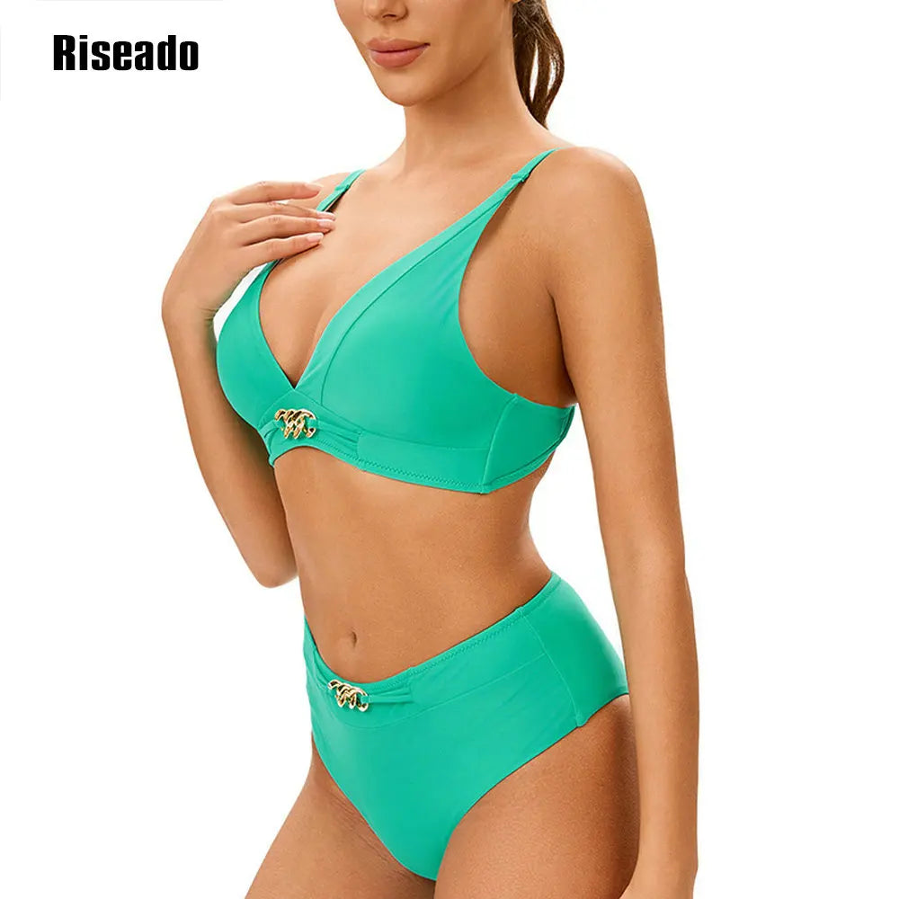 Solid Black High Waist Bikini Sets Swimsuit For Women V-neck Tank Two Pieces Swimwear