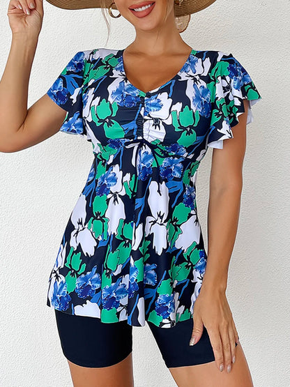 Printed Tankini Set Two Piece Swimsuit Women Tie Front Drawstring Swimwear Female Bathing Swimming Suit Beachwear Summer