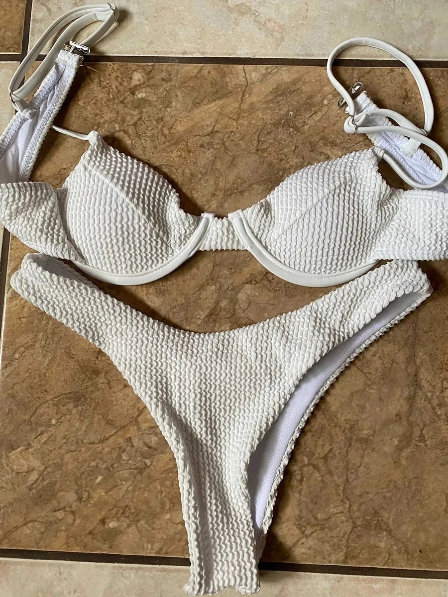 Ribbed Underwired V-Bar Thong Bikini Women Swimsuit Female Swimwear Two-pieces Bikini Set High Cut Bathing Suit Swim Beachwear