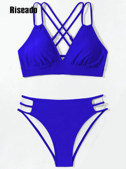 V-neck Mid Waist Bikini Sets Swimsuit for Women Tie Back Two Pieces Beachwear Bathing Suit 2 Pieces Swimwear