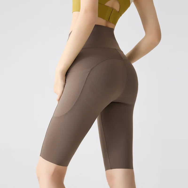 Pocket Yoga Sharkskin Bicycle Shorts Women Thin High Waist Push Up Light Feeling Sports  Fitness Cycling Shorts