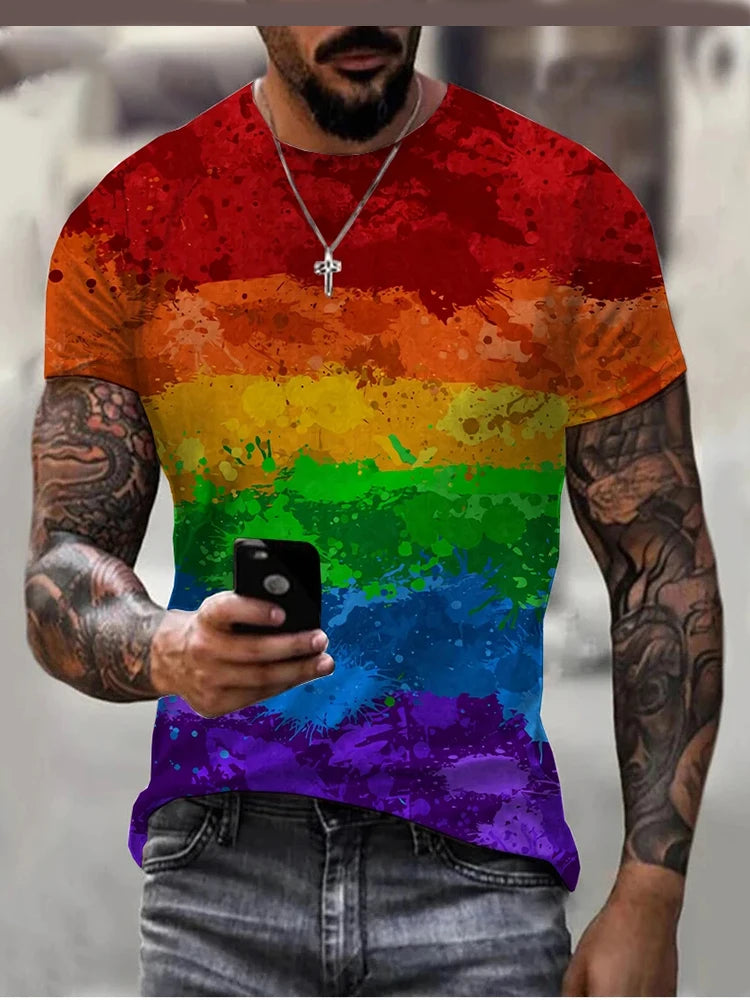 Rainbow Paint Splash Men's Printed T-shirt Hip Hop Street Fashion Harajuku Round Neck Comfortable Short Sleeve Top