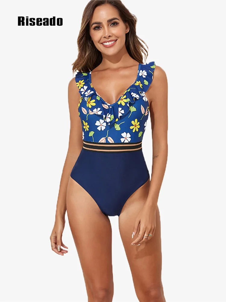 Riseado Ruffled One-Piece Swimsuit For Women Floral Sexy V-neck Backless Monokini Swimwear 2024 Mesh Bathing Suit Beachwear