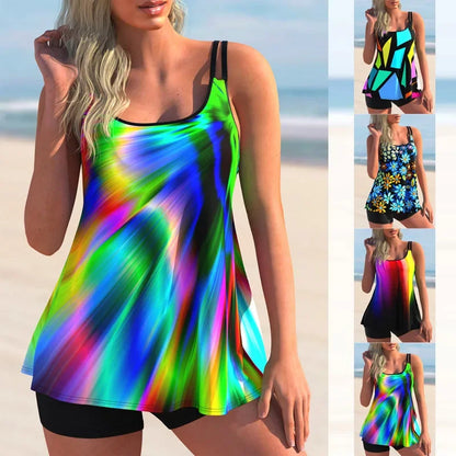 Women's Swimsuit Bikini Tank Top Two-piece Set of Colorful Curve Printed Holiday Beach Wear S-6XL