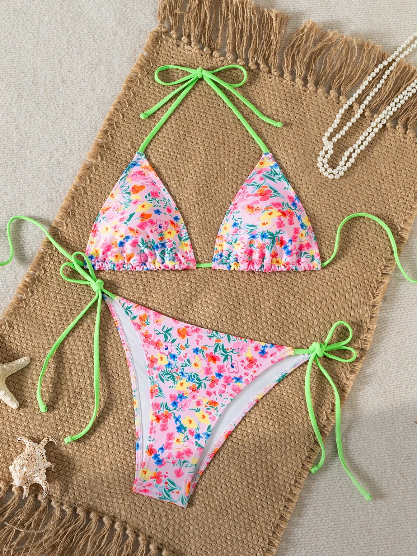 Triangle Bikini Set - Floral Print Push Up Swimsuit & Brazilian Bottoms