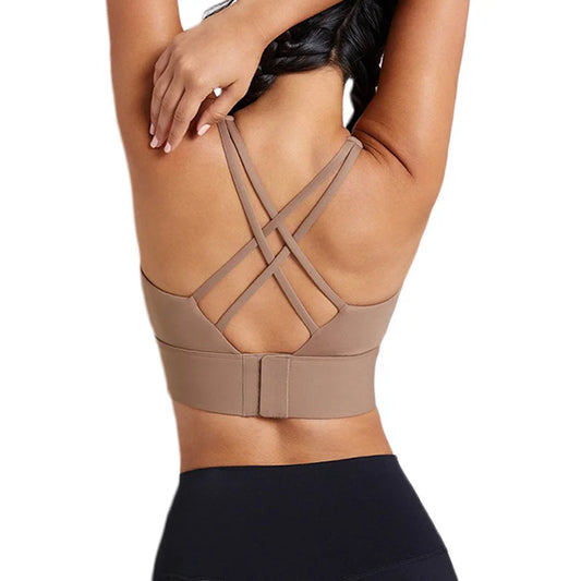 V Neck High Impact Yoga Bra Sports Bra Women High Support Criss-Cross Back Padded Strappy Sports Bras Medium Support