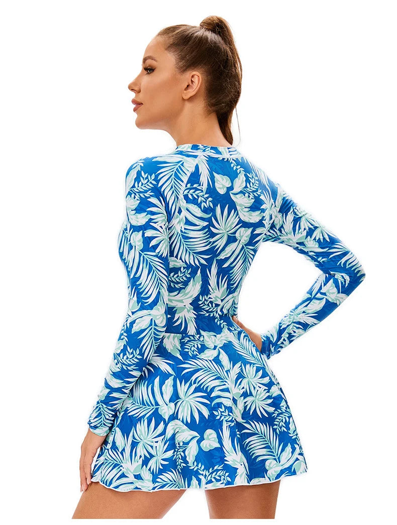 Swimwear Modest 3-Piece Printed Swimwear Set - Women's Long Sleeve Swim Dress with High Waist Boy shorts & Slim Fit
