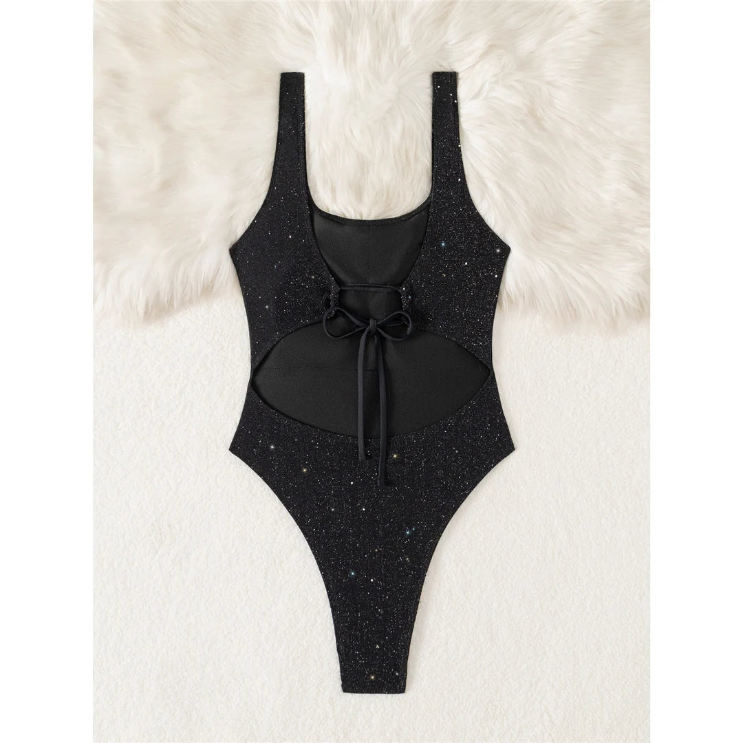 Glitter Sparkling Cut Out Backless One Piece Swimsuit Women Swimwear Female High Cut Leg Padded Bather Bathing Suit Swim
