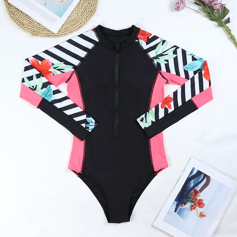 Women Print Long Sleeve One Piece Swimsuit Zipper Swimwear Bathing Suit Beach Wear Vintage Bodysuit Surfing Swim Suits