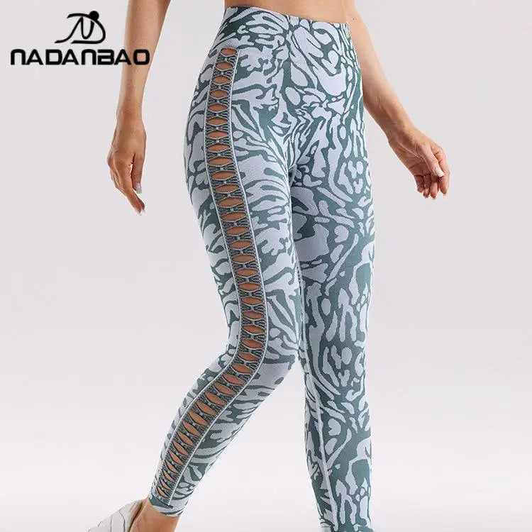 Nadanbao Women's Seamless High Waist Pants Jacquard Peach Hip Slim Leggings Stretchy Hollow Bottoms Sports Fitness Yoga Trousers