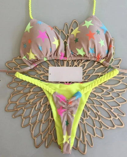 Bright Colorful Designs Women's Bikini Split Print Swimwear Fashion G-string Beach Holiday