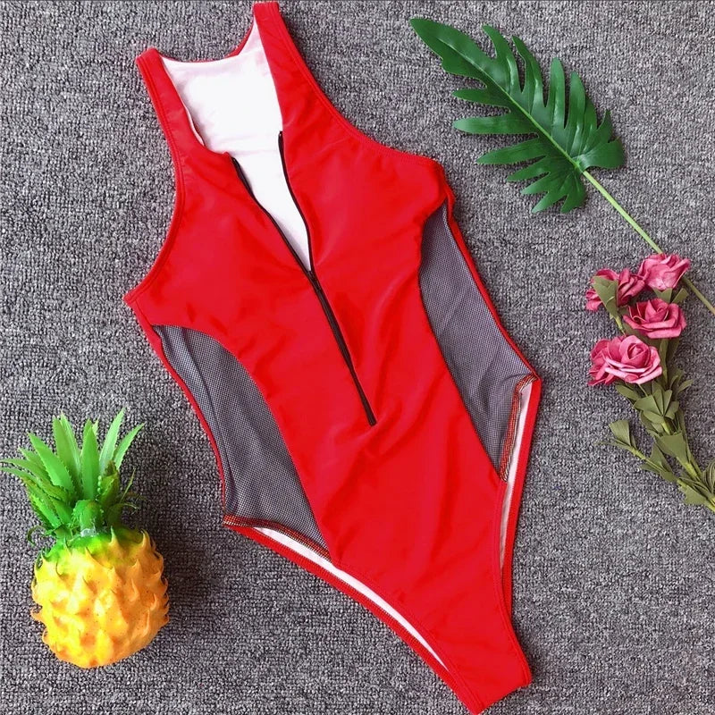 Splicing Fishnet Mesh Zipper Female Swimwear One Piece Swimsuit Women Monokini High Leg Cut Bather Bathing Suit Swim Beach Wear