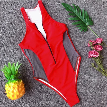 Splicing Fishnet Mesh Zipper Female Swimwear One Piece Swimsuit Women Monokini High Leg Cut Bather Bathing Suit Swim Beach Wear