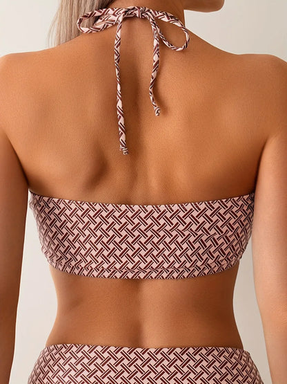 Halter Bikinis Print High Waist Swimsuit Women Hollow Out Swimwear Female Bathers Bathing Swimming Suit Beachwear Summer
