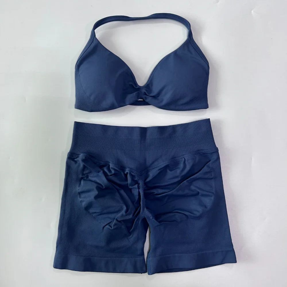 2PCS Gym Set Women Strappy Yoga Bra Top High Waist Workout Scrunch Shorts Sports Suit Seamless Yoga Set Fitness Clothes