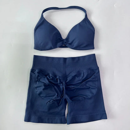 2PCS Gym Set Women Strappy Yoga Bra Top High Waist Workout Scrunch Shorts Sports Suit Seamless Yoga Set Fitness Clothes