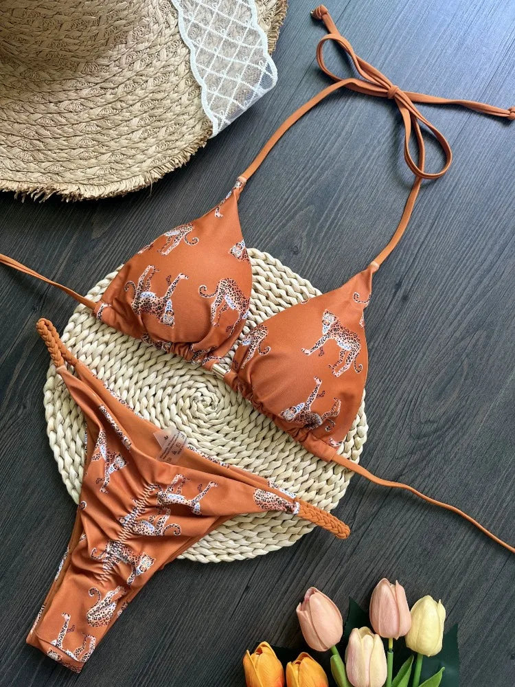 Bikini Set Women Swimsuit Printed Halter Lace Up Two-Piece Swimwear Backless Bathing Summer Fashion Female Beachwear