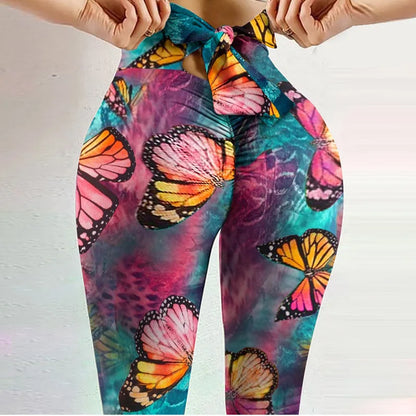 High Waist Bowknot Leggings Butterfly Print Yoga Pants Bandage Tights for Women Push Up Exercise Fitness Workout Legging