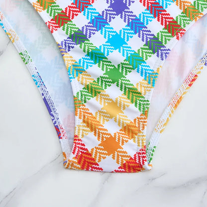 Girls Swimsuit One Piece Rainbow Plaid Kids Swimwear Children's Bathers Bathing Swimming Swim Suit Summer Beachwear