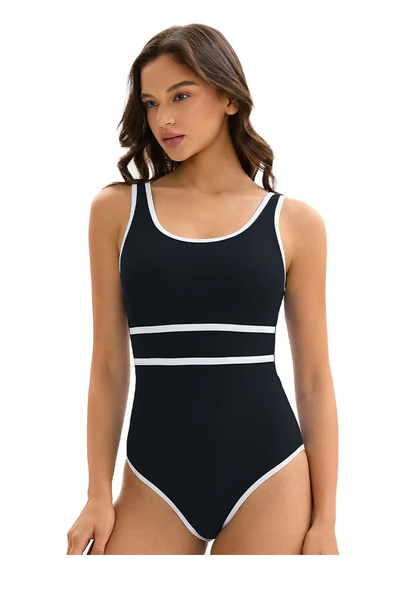 Color Block One Piece Swimsuit Women Sport Triangle Sleeveless Beach Swimwear Bathers